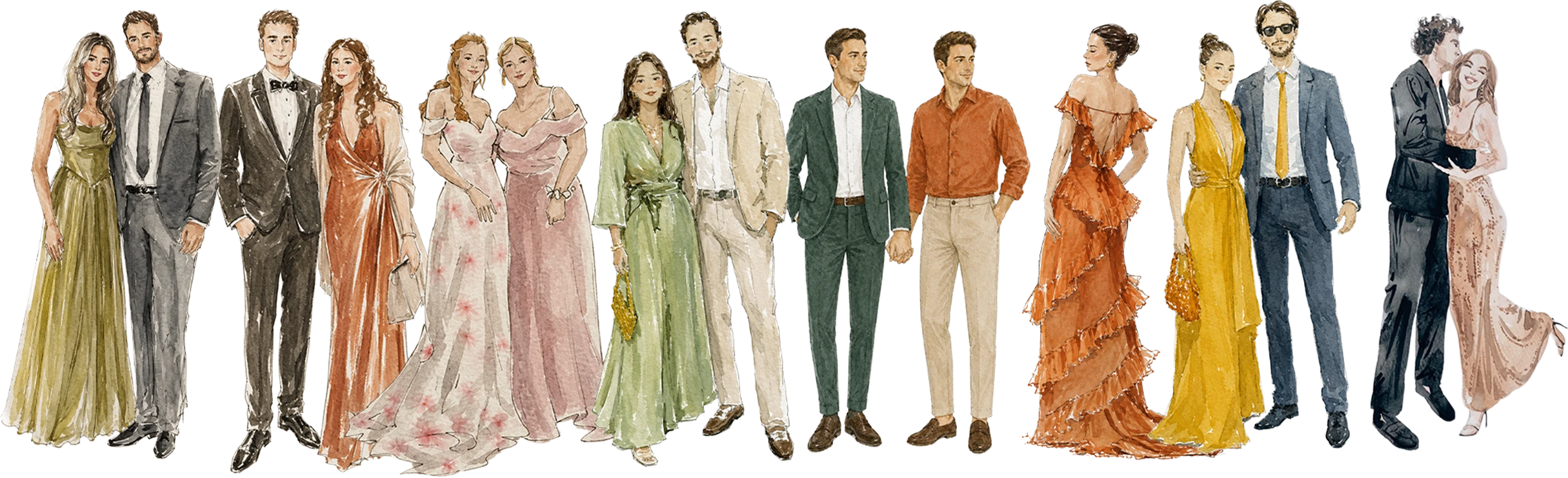 Ilustração de convidados em traje social completo